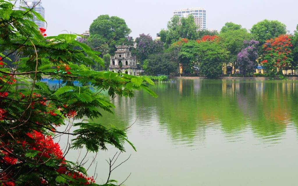 Hoan Kiem Lake and Turtle Tower in central Hanoi