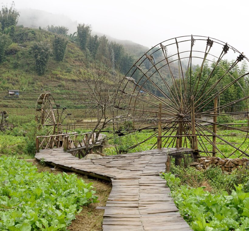 Wooden water wheels and paths in Cat Cat village, Sapa