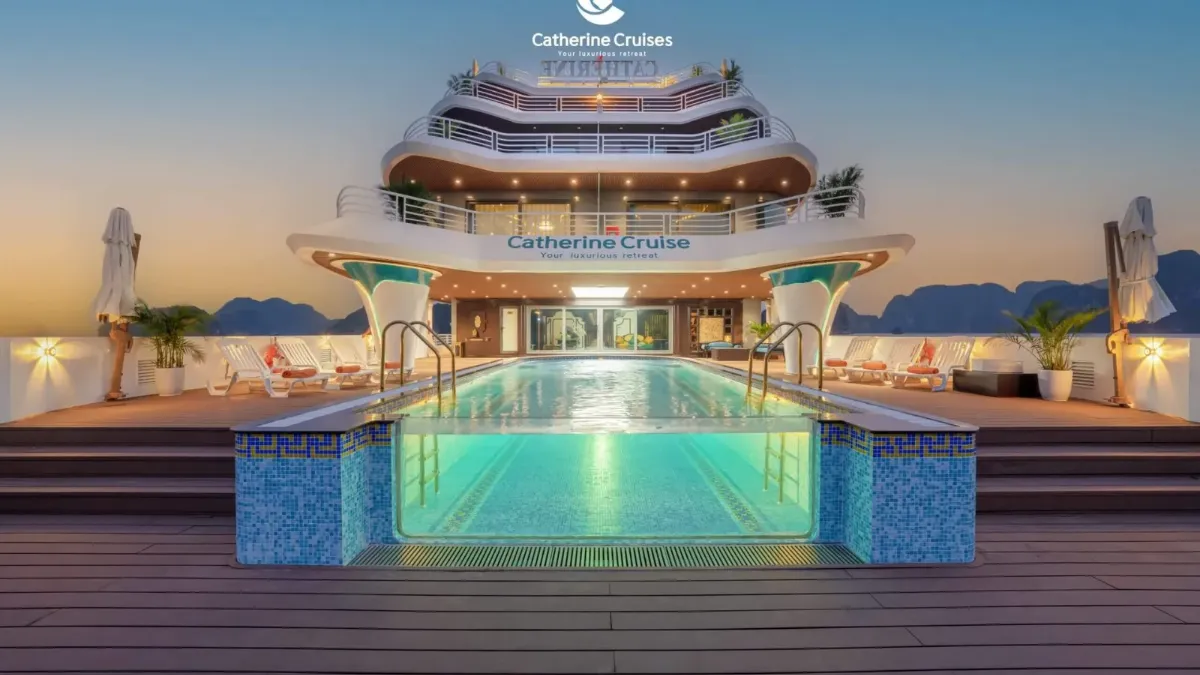 Rooftop infinity pool on Catherine Cruise at dusk