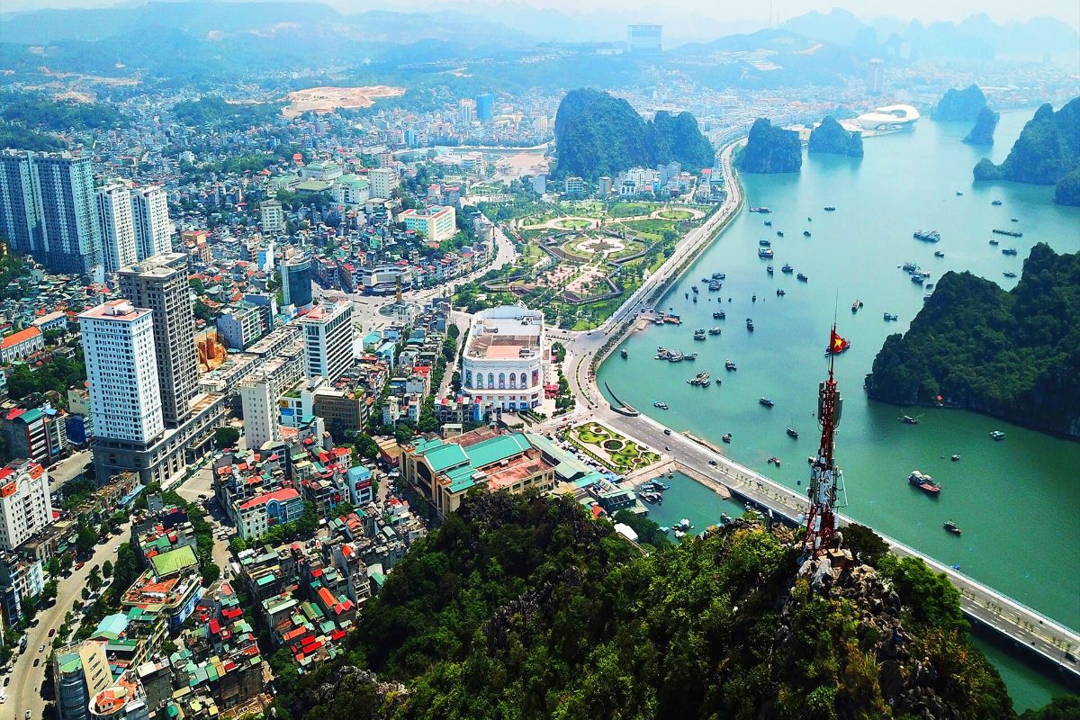 Aerial view of Ha Long city and Bai Chay beside Ha Long Bay