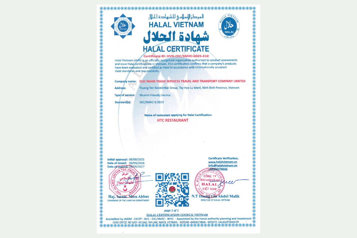 Halal Vietnam certificate HVN-OIC/SMIIC-2025-210 for HTC Restaurant in Hoa Lu, Ninh Binh, valid until 8 September 2027