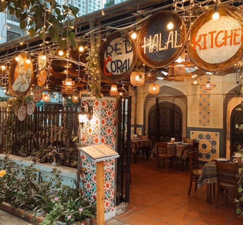 Entrance of RedCoral Halong Indian Halal Restaurant with its Halal Kitchen sign in Bai Chay, Ha Long