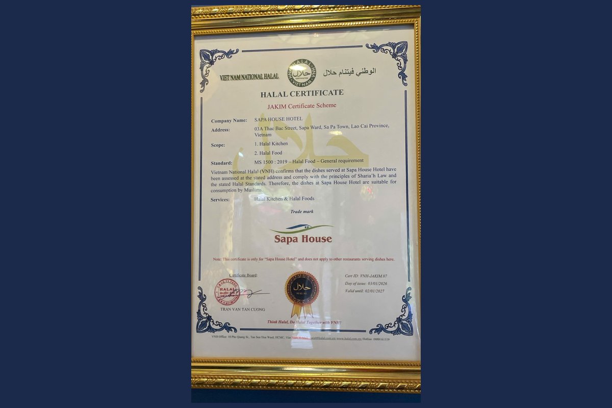 Sapa House Hotel halal certificate VNH-JAKIM.07 for halal kitchen and halal food